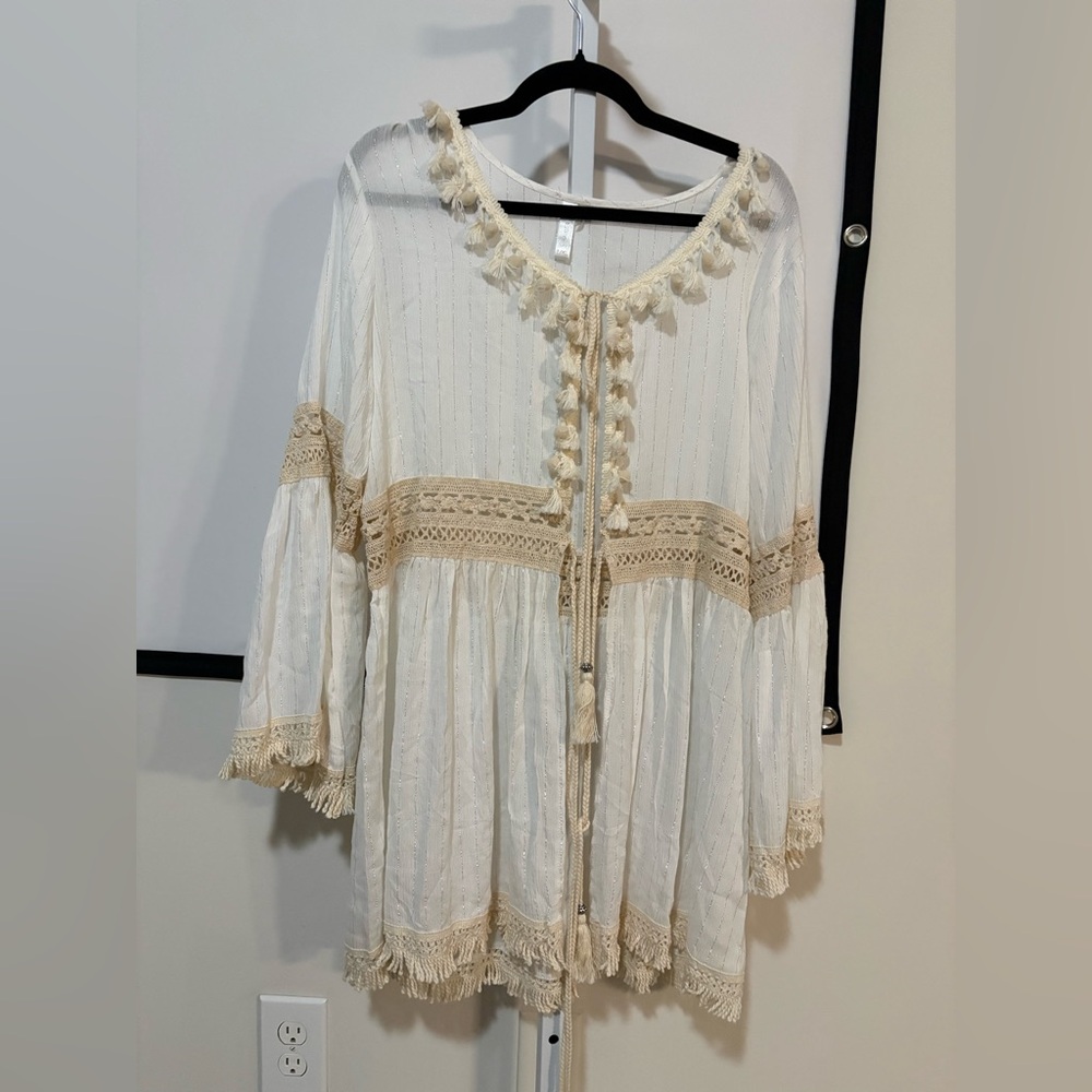 Ivory Crochet-Trim Tassel Tunic Top